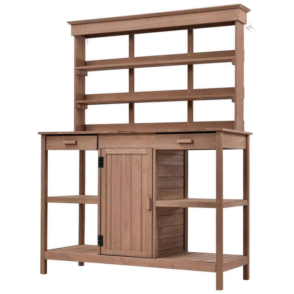 53.74 in. W x 9.25 in. H Garden Potting Bench Table w2 Drawers Cabinet and Open Shelves Brown jh-50