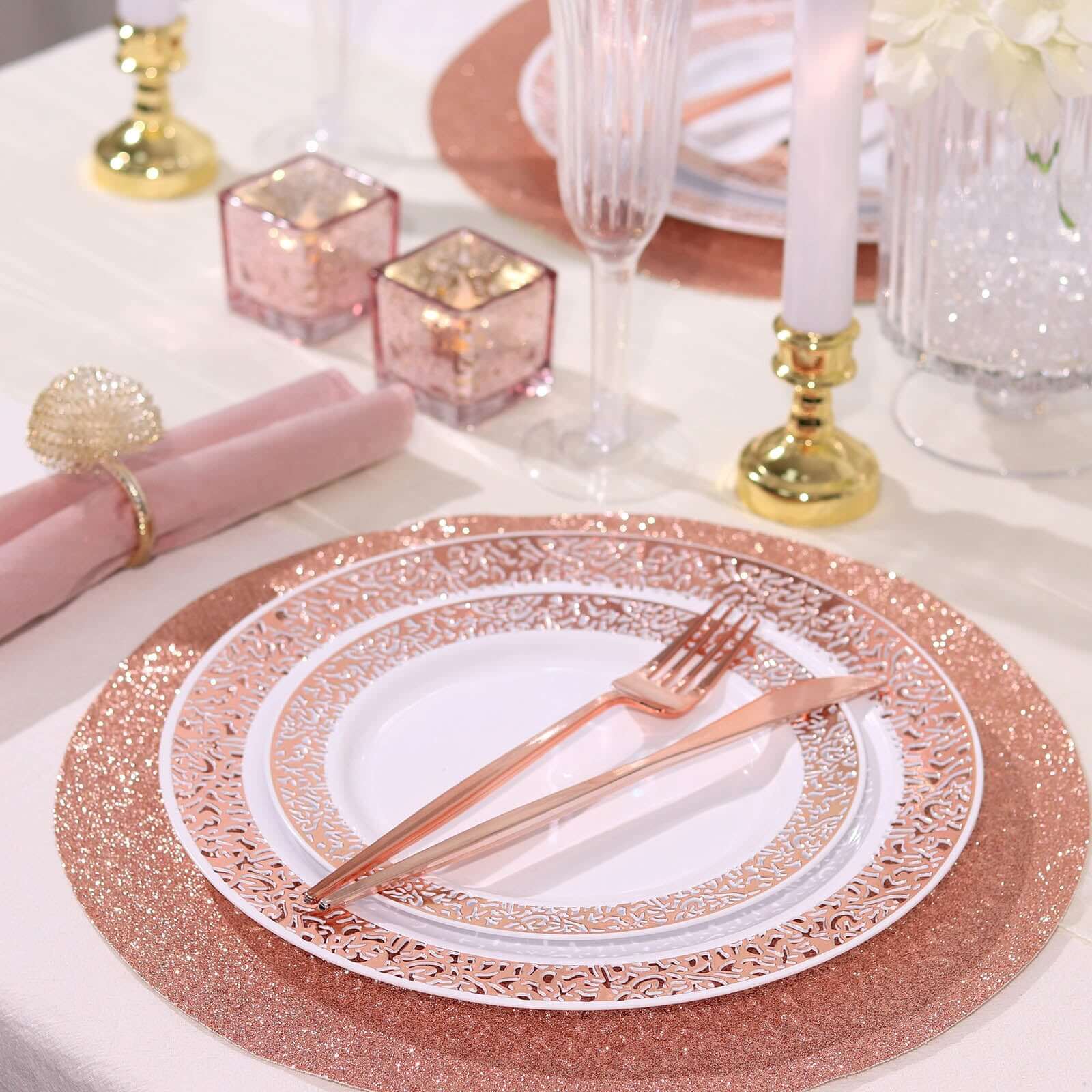 6 Pack Rose Gold Sparkle Placemats, Non Slip Decorative Round Glitter Table Mat