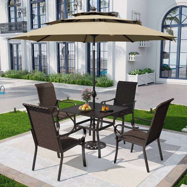 5pc Patio Dining Set With Rattan Arm Chairs amp Square Net shaped Steel Table Captiva Designs