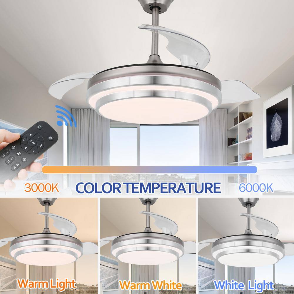 Bella Depot 42 in. Indoor Brushed Nickel Retractable Ceiling Fan with LED Light and Remote 6-Speed Reversible Ceiling Fans BD4204