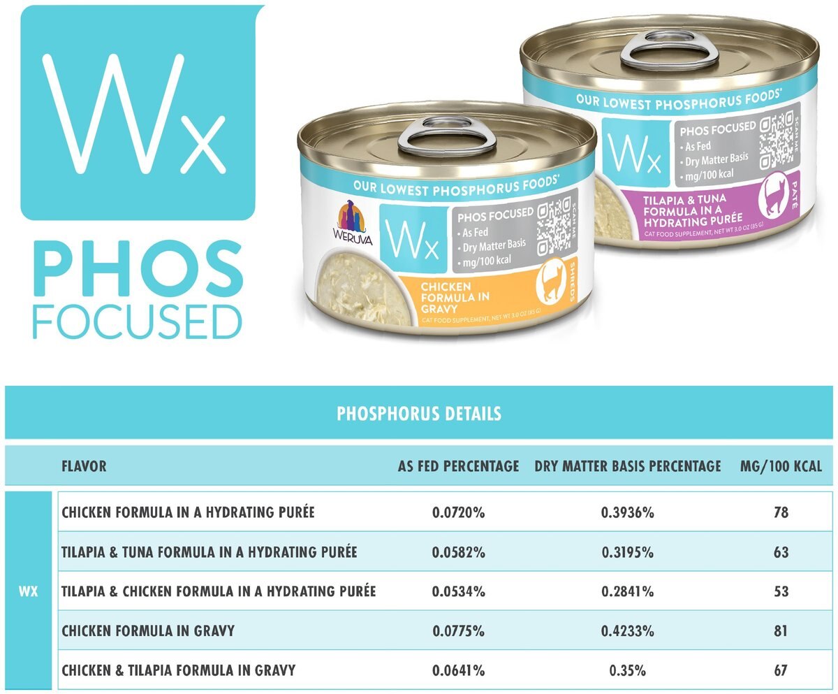 Weruva Wx Phos Focused Pate and Gravy Variety Pack Grain-Free Wet Cat Food， 3-oz can， case of 12