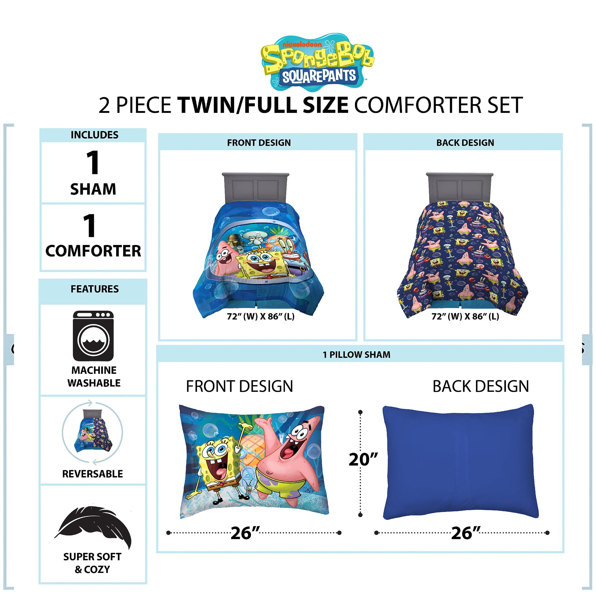 SpongeBob SquarePants Kids Comforter and Sham， 2-Piece Set， Twin/Full， Reversible， Blue