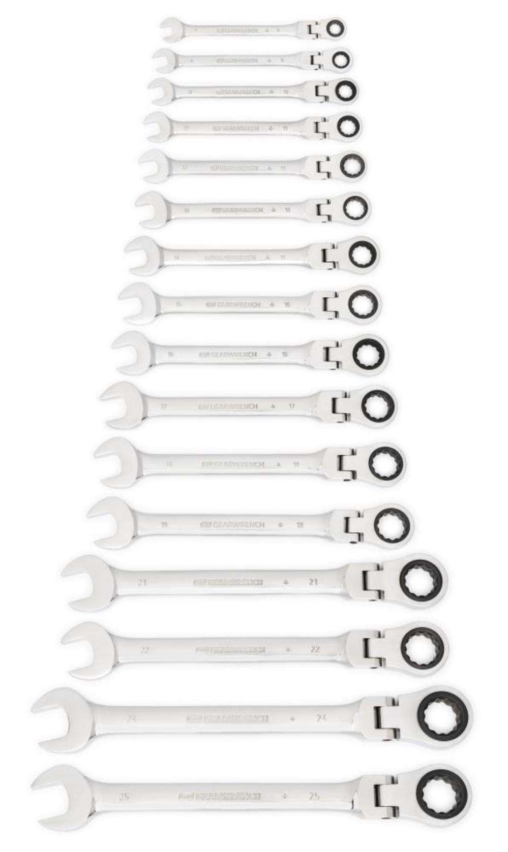 16 Pc 72-Tooth 12 Point Flex Ratcheting Combination Metric Wrench Set ;