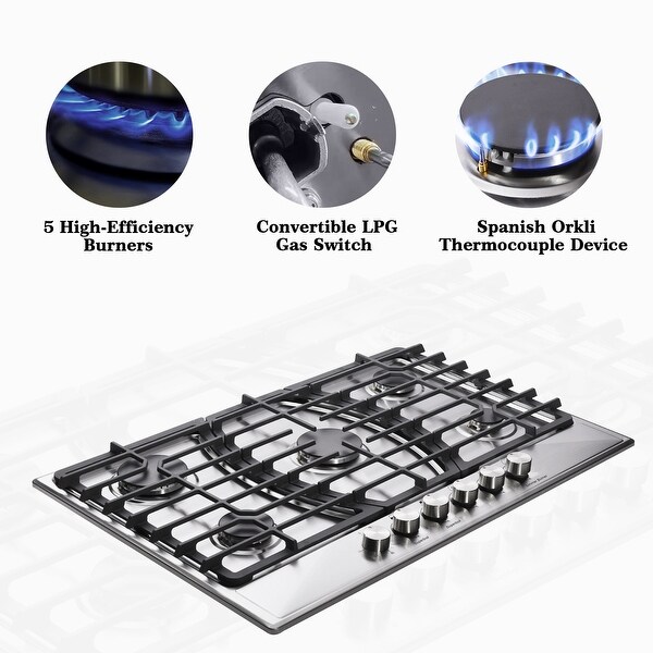 30 in. Gas Cooktop，Stainless Steel Gas Cooktop，NG/LPG Convertible Gas Burners，5 Burners Gas Stovetop，60-minute Timer.