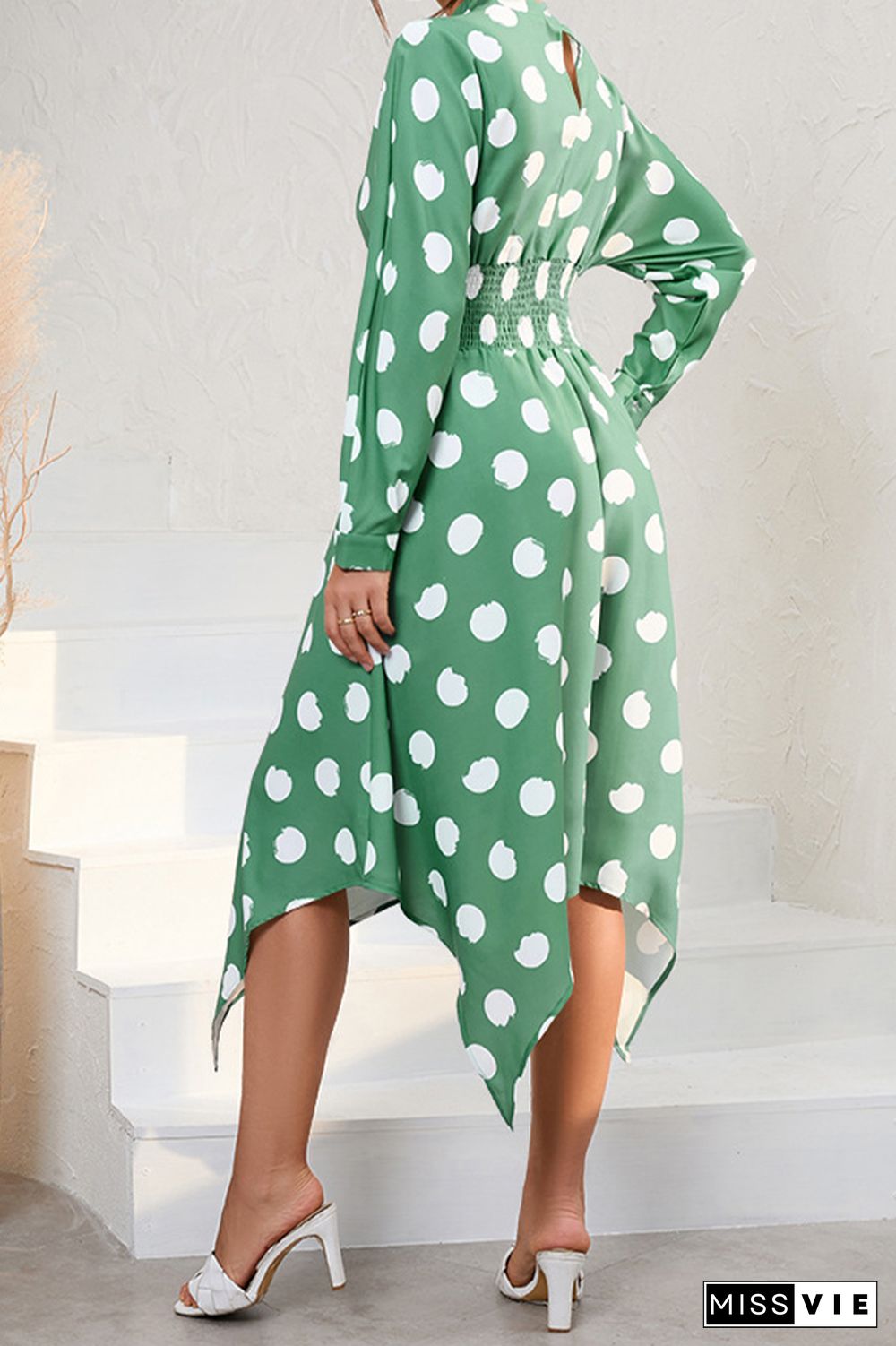 Long Sleeve High Waist Polka Dot Dress