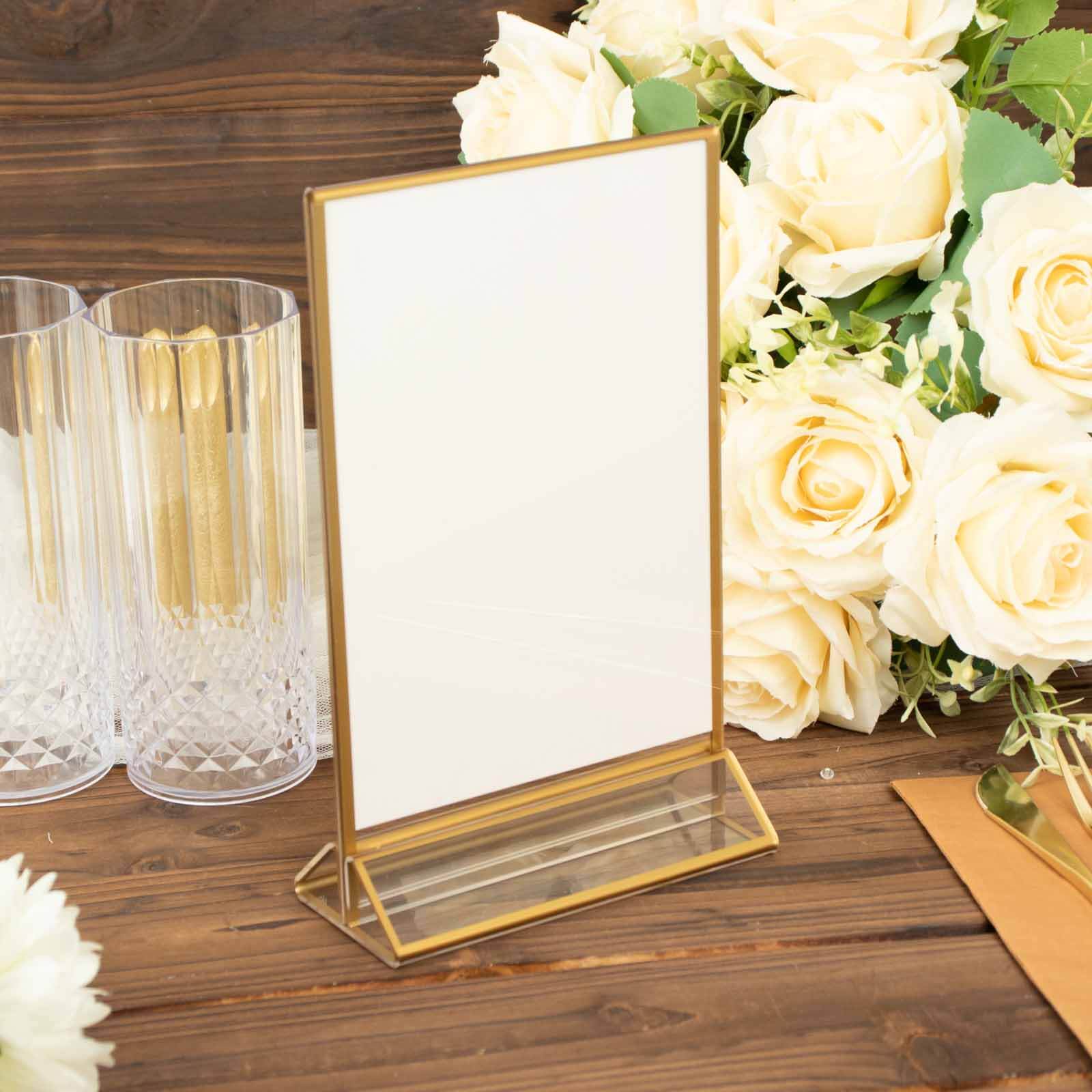 6 Pack Gold Frame Acrylic Freestanding Table Sign Holders, Double Sided Number, Picture, Menu Display Stands 5