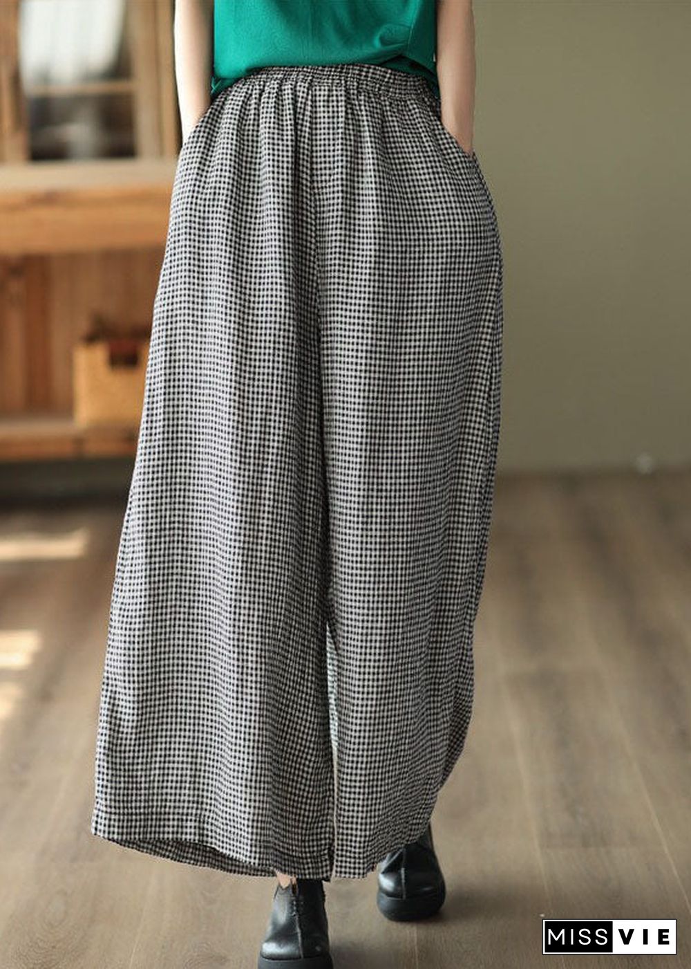 Small Plaid Pockets Patchwork Casual Linen Wide Leg Pants Summer