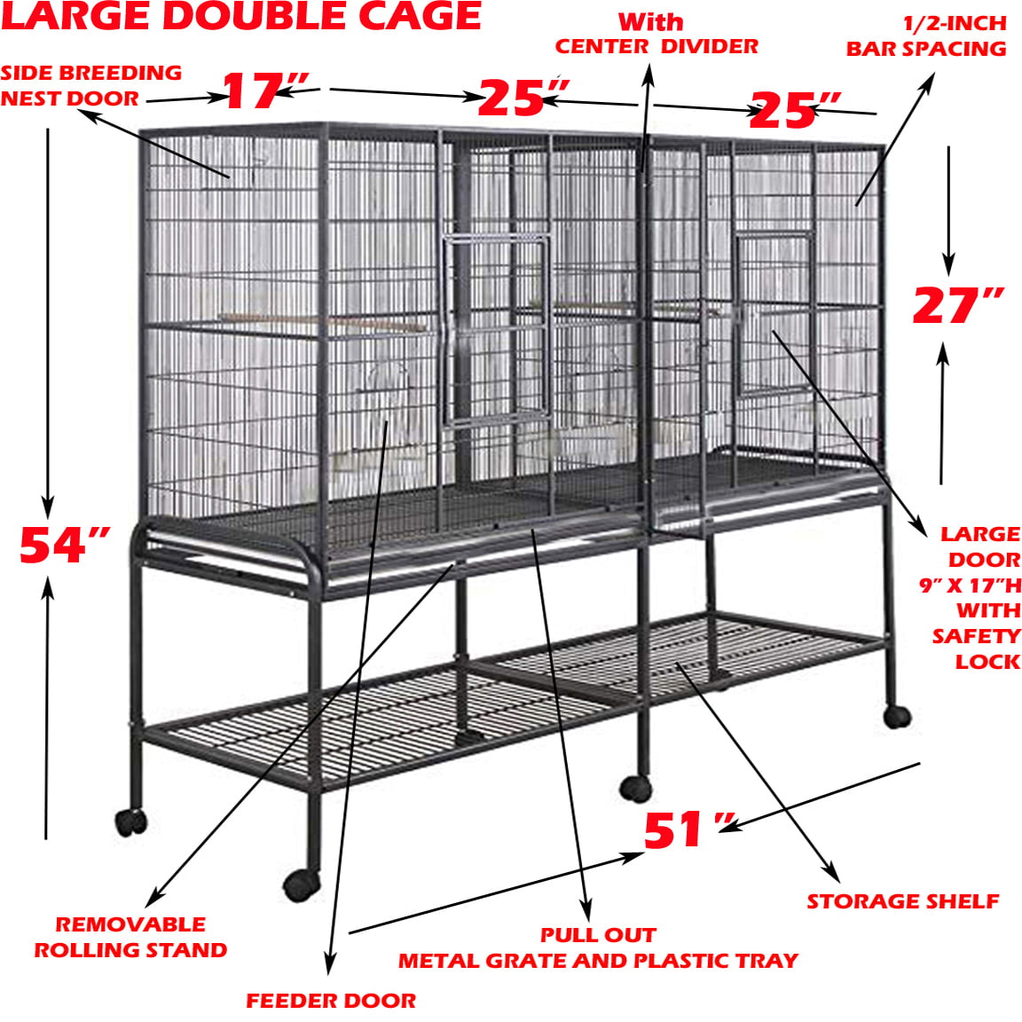 Large Double Flight Bird House Breeder Cage With Center Divider Side Breeding Nest Doors with Removable Rolling Stand Canary Parakeet Cockatiel Lovebird Finches