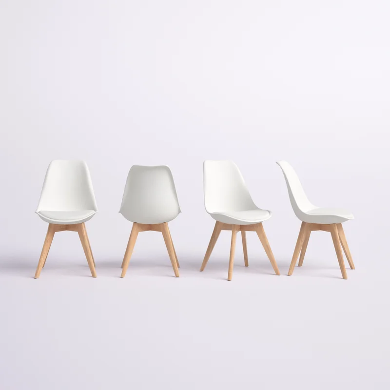 Matcha Chic Set of 4 Dining Chairs Mid-Century Modern Shell PU Seat with Wooden Legs-White