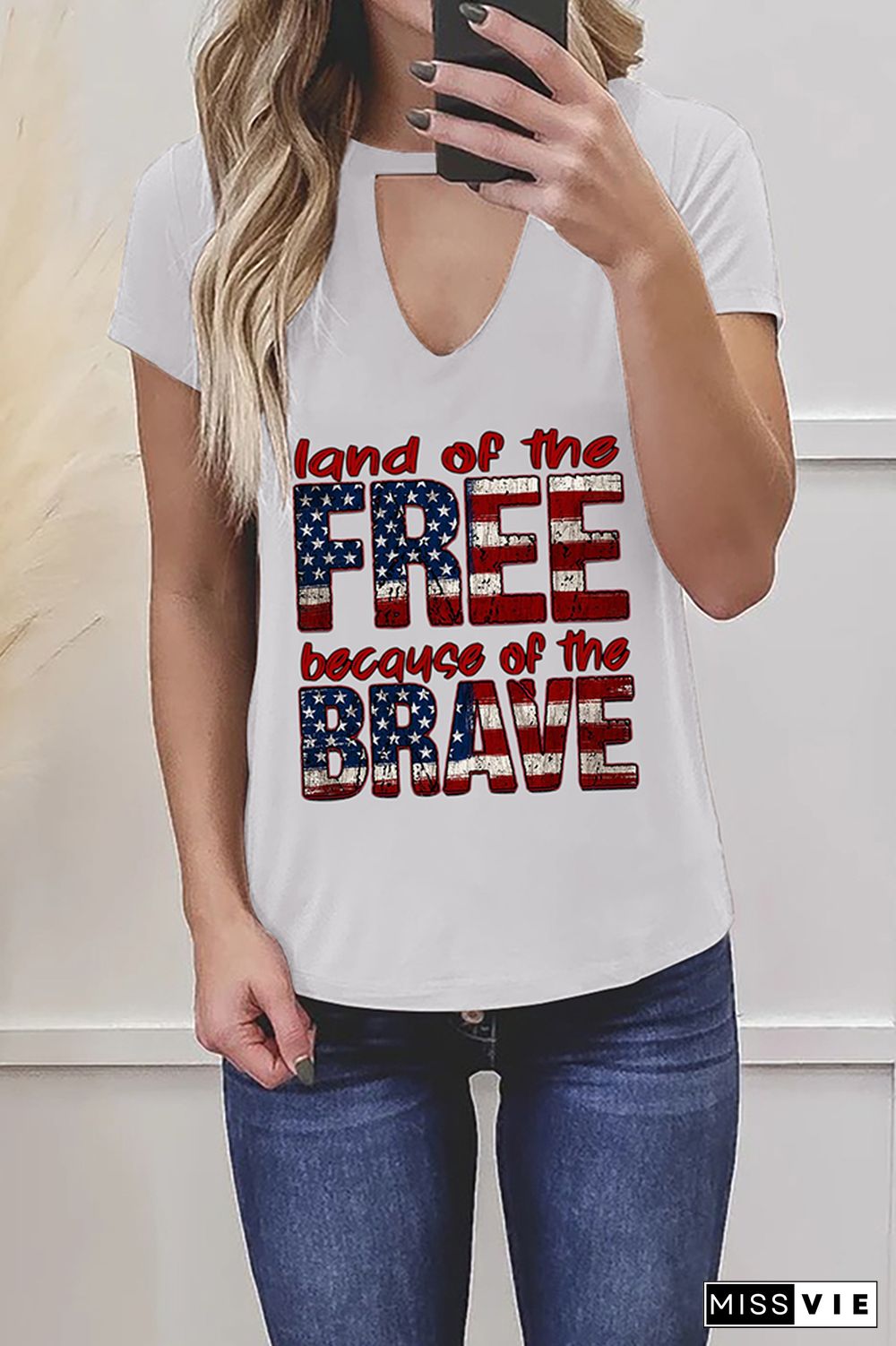 Land of the free because of the brave Graphic Tees for Women Wholesale Short Sleeve T shirts Top