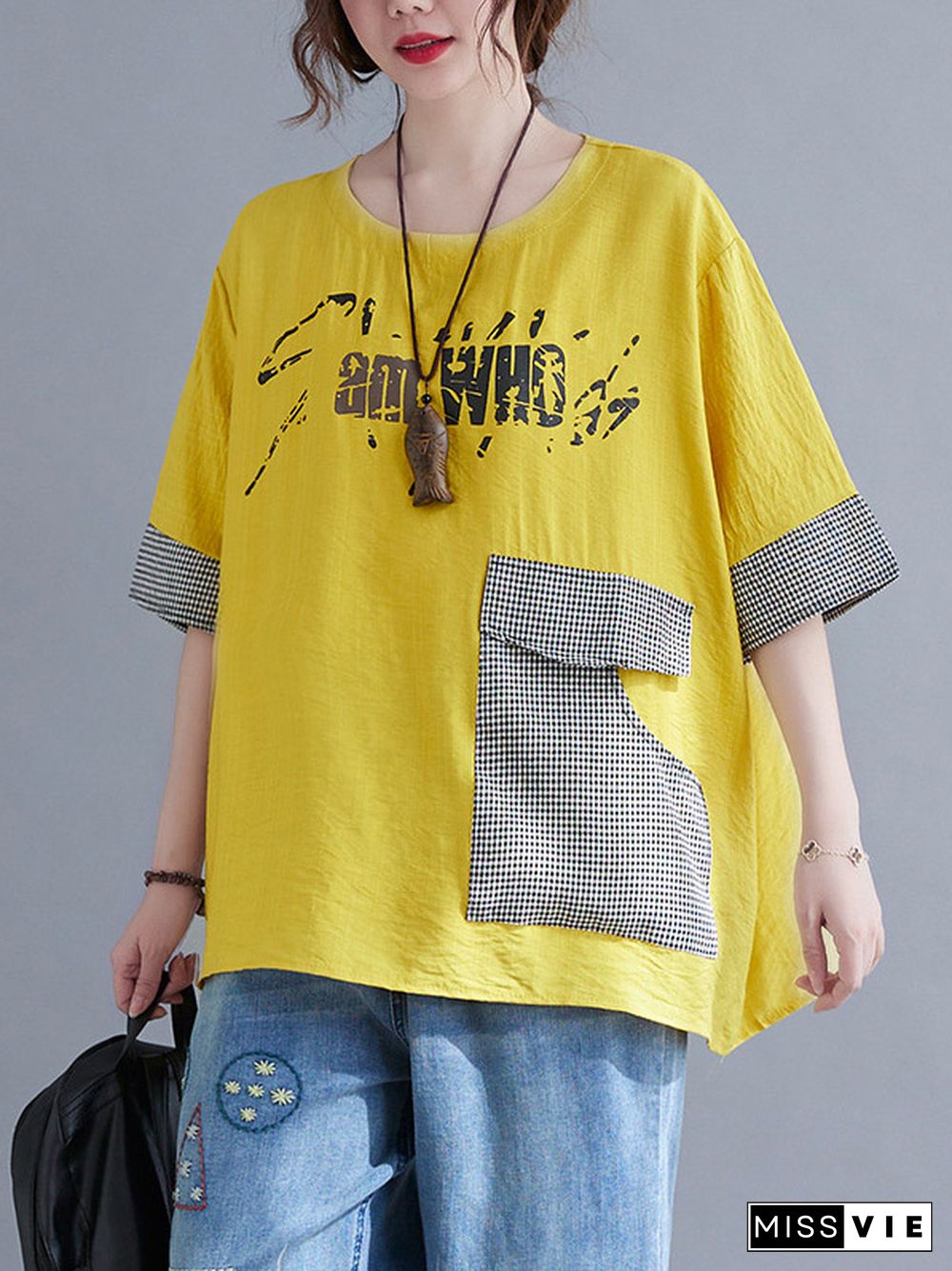 Original Letter Print Split-Joint Round-Neck T-Shirts Tops