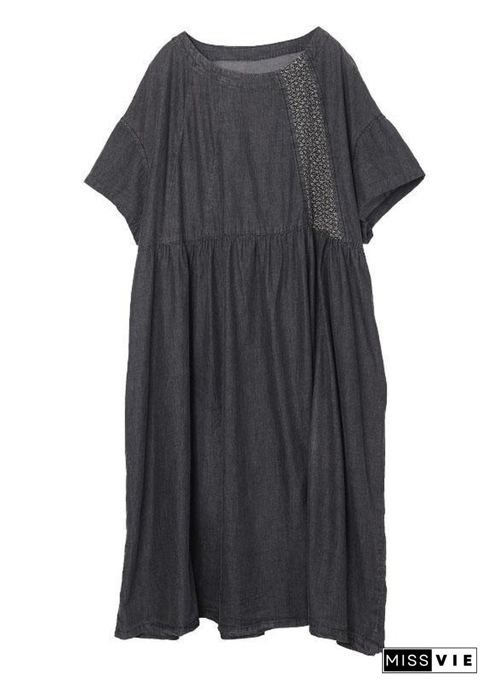 Boho Black Patchwork Cinched Denim Ankle Dress Summer