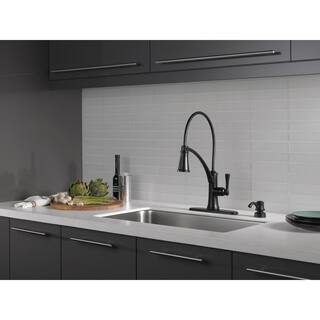 Delta Foundry Single-Handle Pull-Down Sprayer Kitchen Faucet with ShieldSpray and Soap Dispenser in Matte Black 19744Z-BLSD-DST