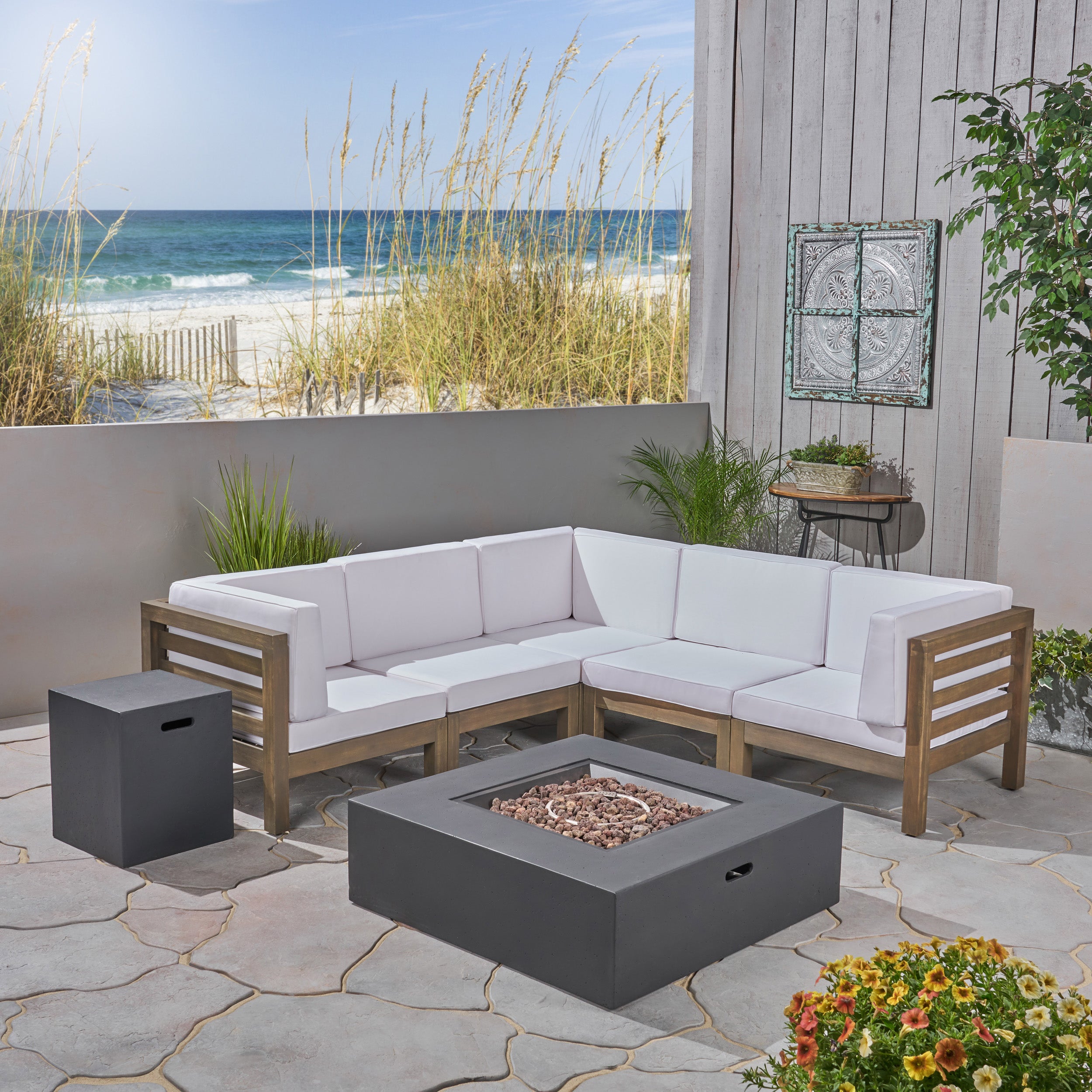 Ravello Outdoor V-Shaped Sectional Sofa Set with Fire Pit