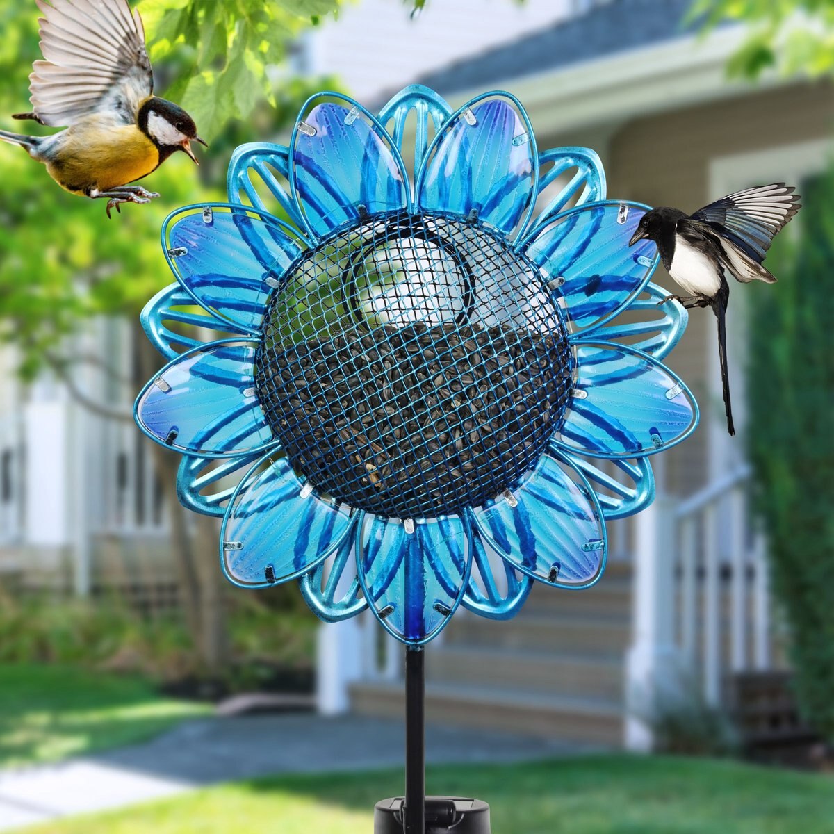 Exhart Solar Sunflower Metal and Glass Bird Seed Feeder Garden Stake