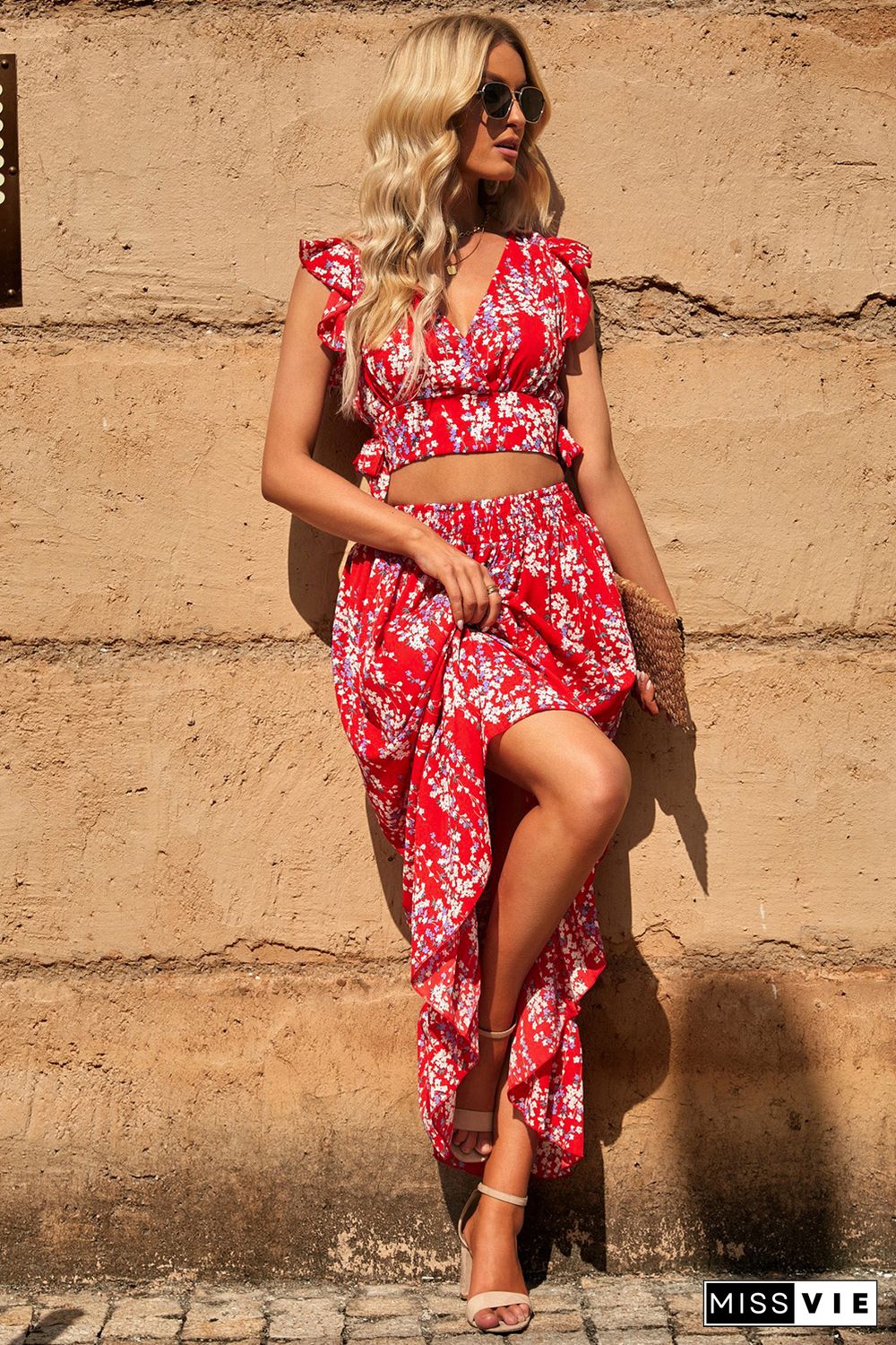 Red Multicolor Floral Ruffled Crop Top and Maxi Skirt Set