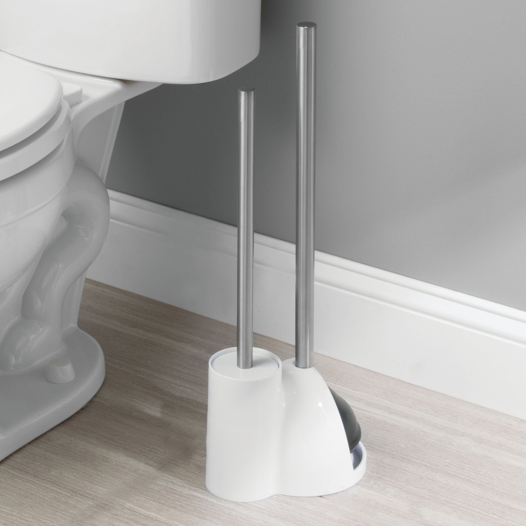 mDesign Compact Plastic Toilet Bowl Brush and Plunger Combo Set with Holder - Caddy for Bathroom Storage - Sturdy， Heavy Duty， Deep Cleaning - White/Brushed