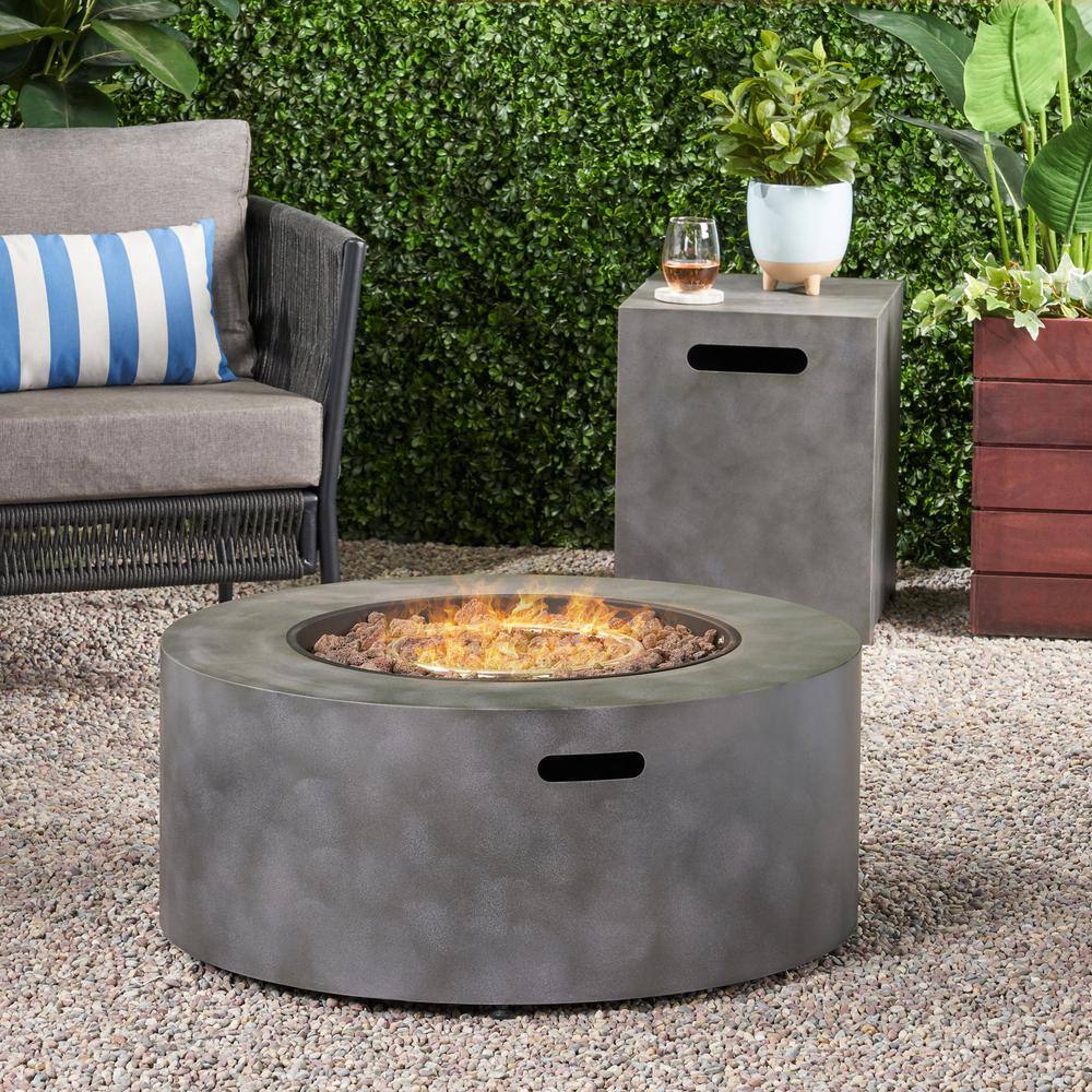 Noble House Wellington 15.25 in. x 19.75 in. Round Concrete Propane Fire Pit in Dark Grey with Tank Holder 70380