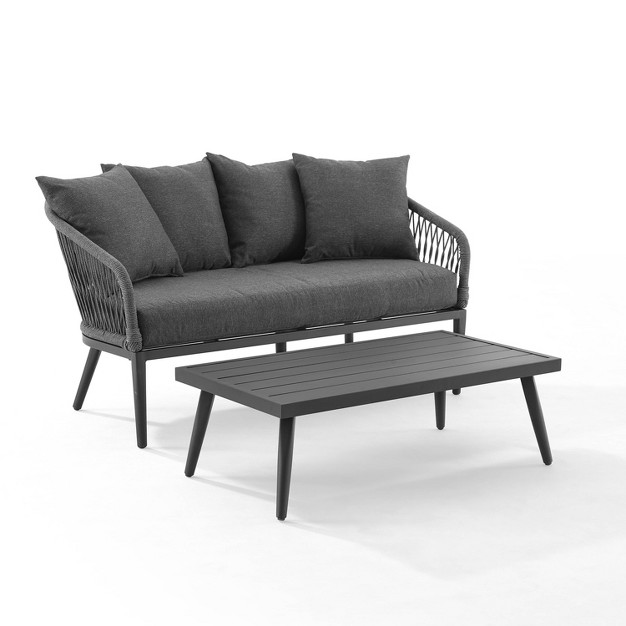 Dover 2pc Outdoor Rope Conversation Set With Loveseat amp Coffee Table Charcoal matte Black Crosley