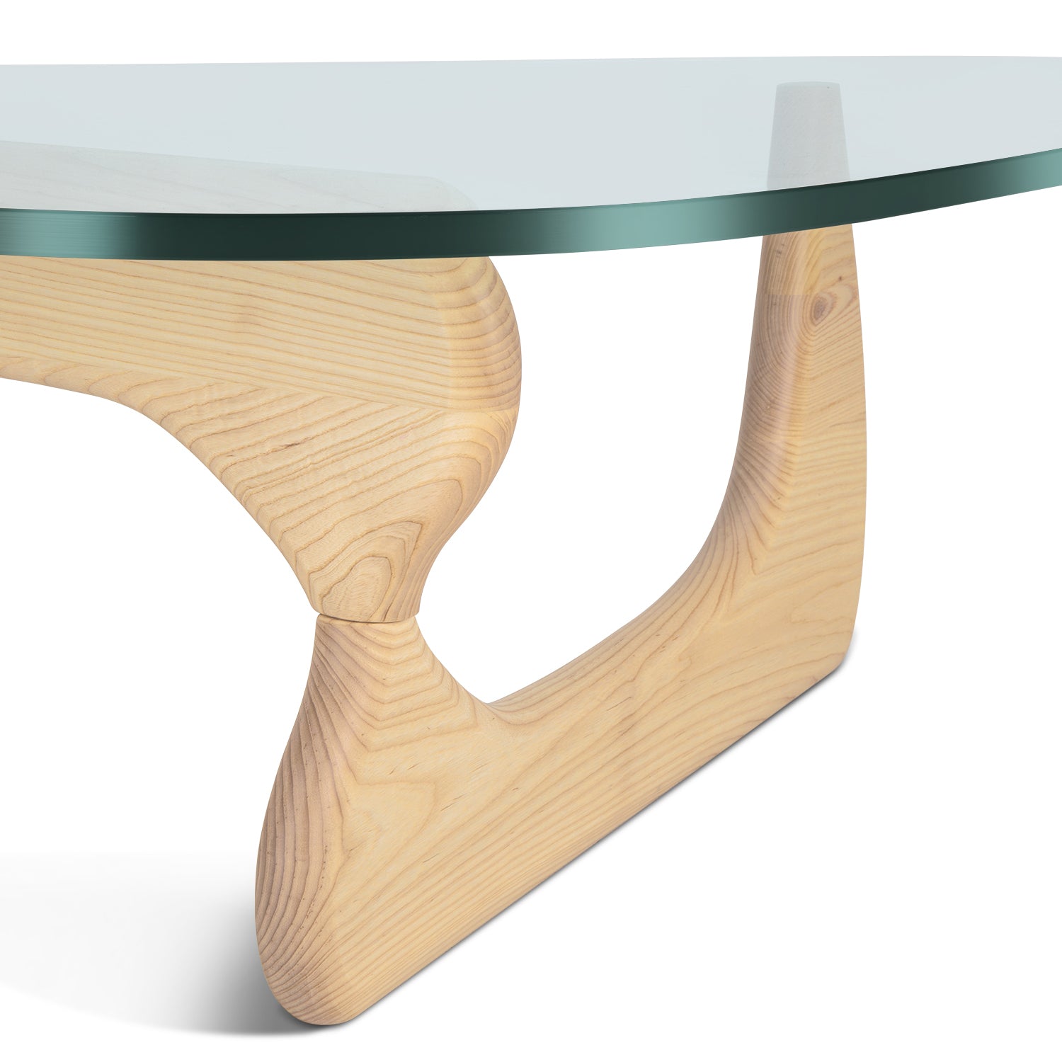 1inchome Triangle Glass Coffee Table with 0.8 inches Thick Tempered Glass, Solid Wood Base Table, Natural Wood