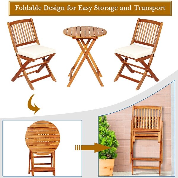 Costway 3PCS Patio Folding Wooden Bistro Set Cushioned Chair