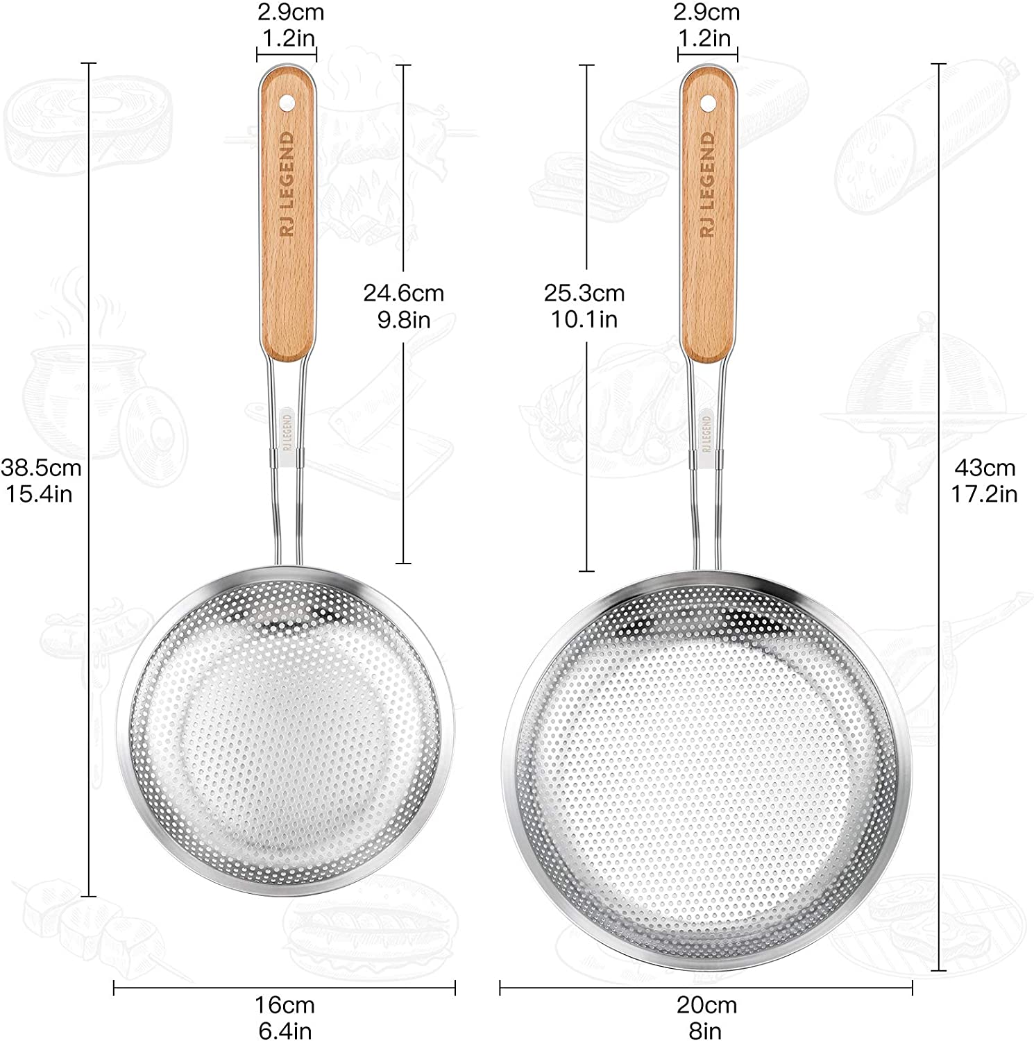 RJ Legend Stainless Steel Micro-Perforated Skimmer Strainer, Pasta Noodle Net Basket With Wooden Handle, 2 Pieces Kitchen Utensil Set - 6.4-inch and 8-inch Slotted Spoon Set