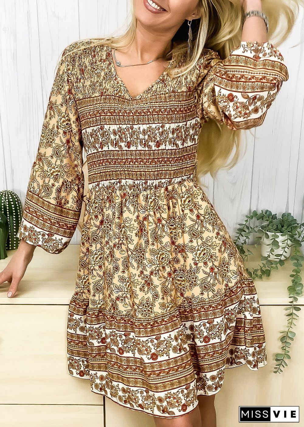 V Neck Bohemian Print Dress