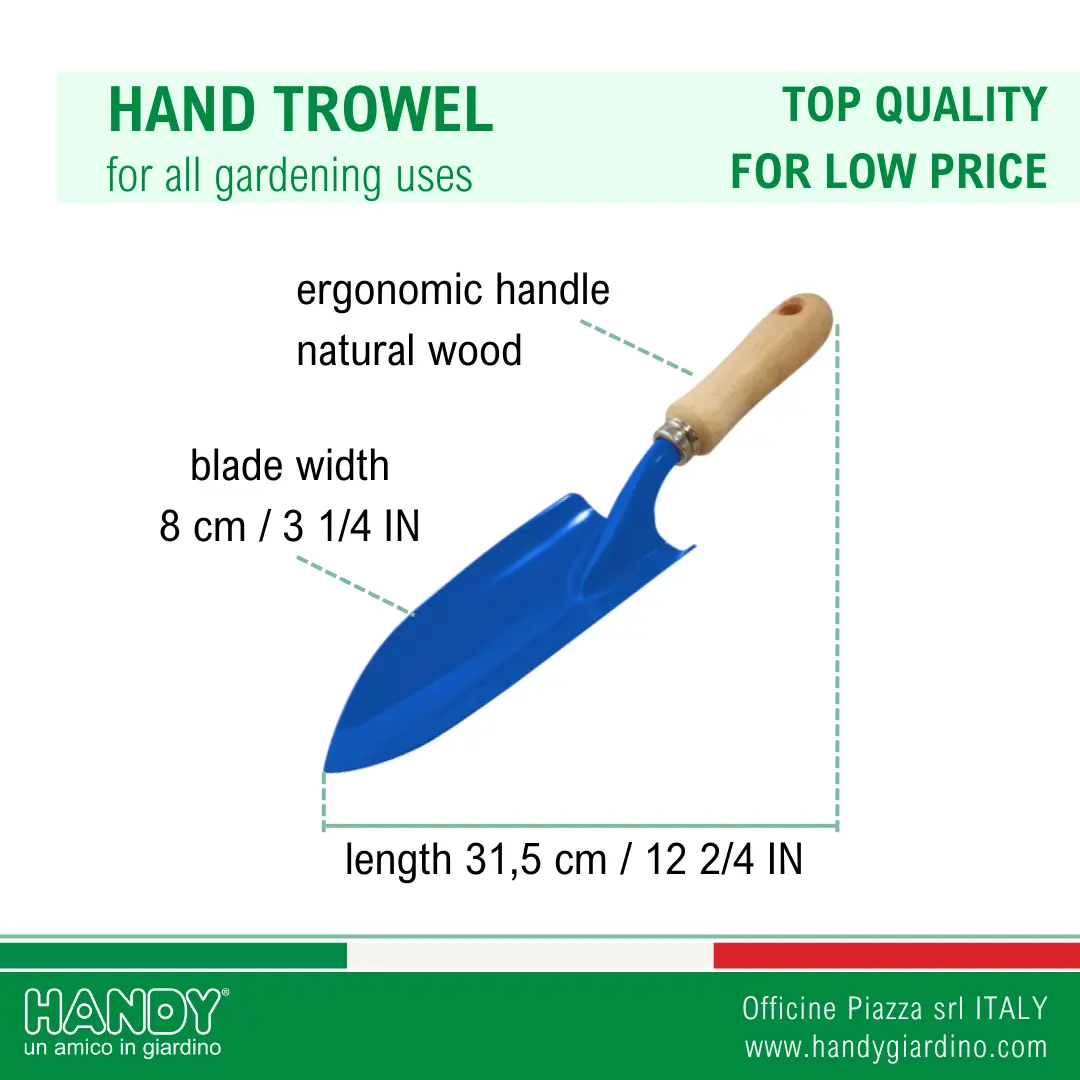 High quality Italian production steel and wood customizable hand trowel for gardening and plant care