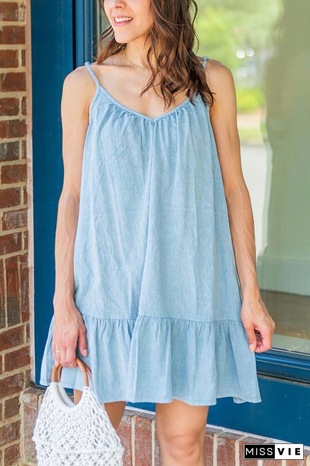 Ruffles Hem Denim Slip Mini Dress