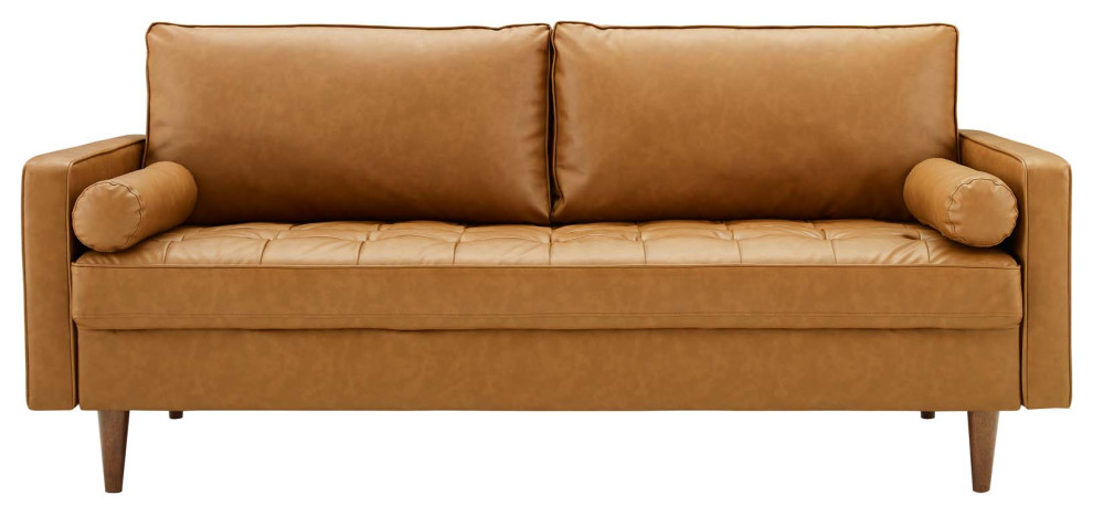 Valour Upholstered Faux Leather Sofa  Tan   Midcentury   Sofas   by Uber Bazaar  Houzz