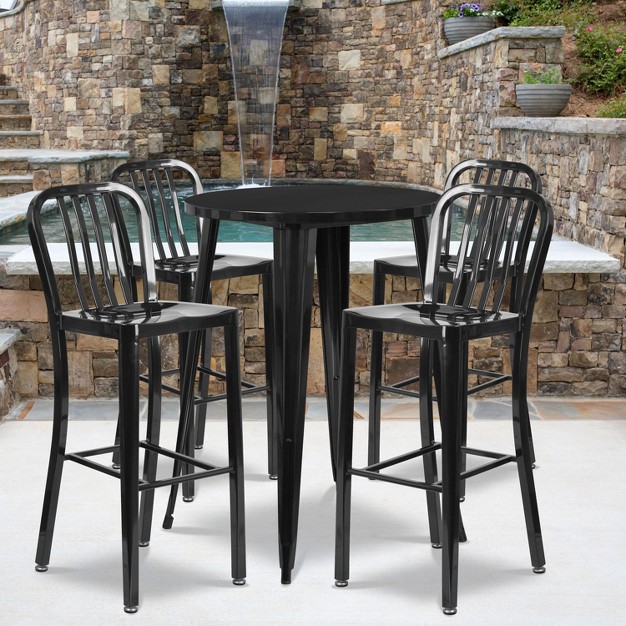 Round Metal Indoor outdoor Bar Table Set With 4 Vertical Slat Back Stools