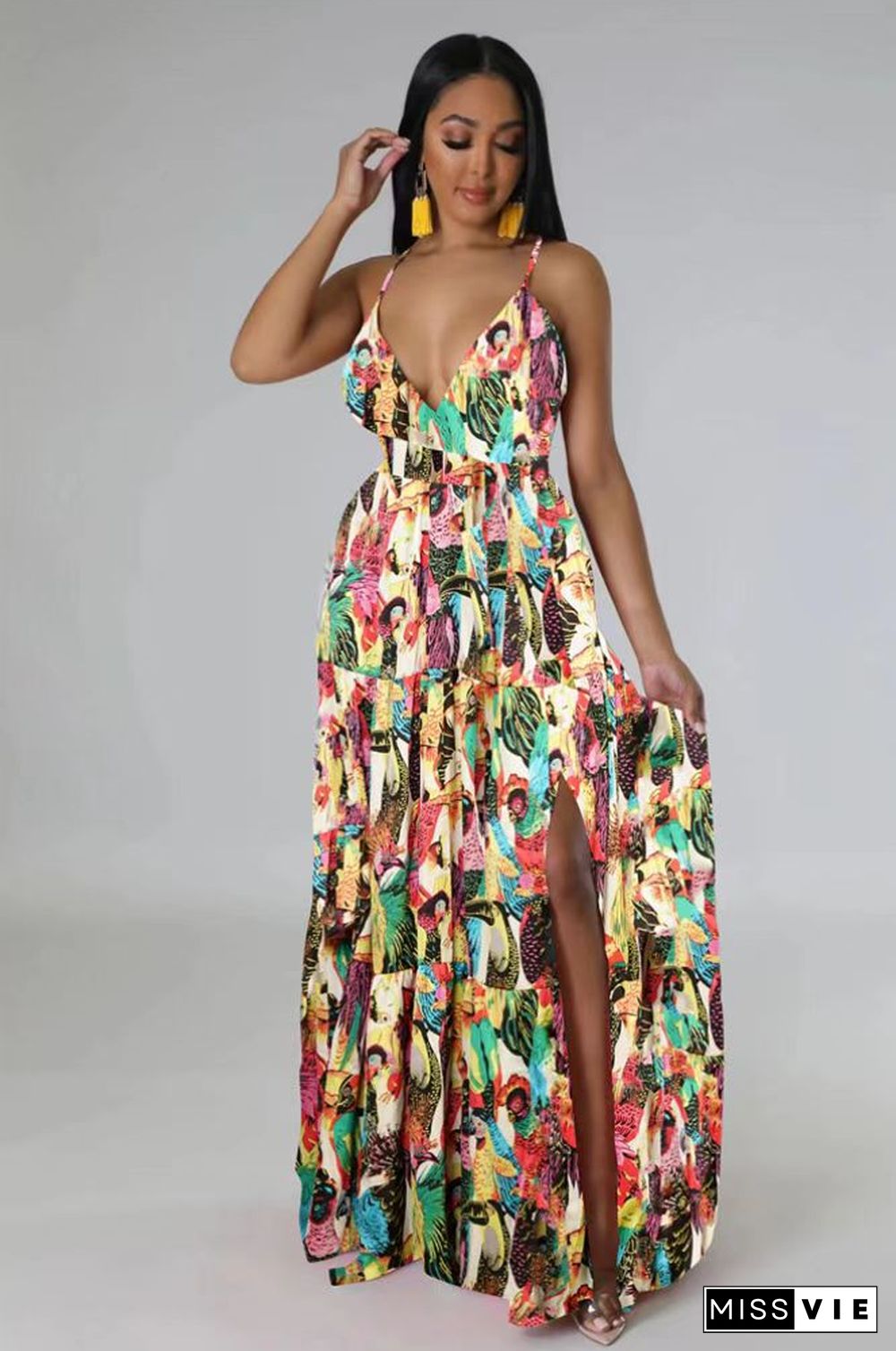 Sexy Floral Print Spaghetti Strap Backless Maxi Dress