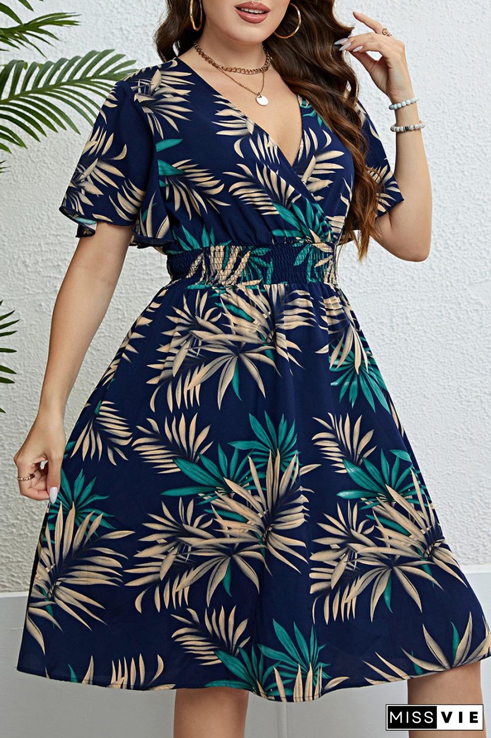 Casual Print Patchwork V Neck Short Sleeve Dress Plus Size Dresses