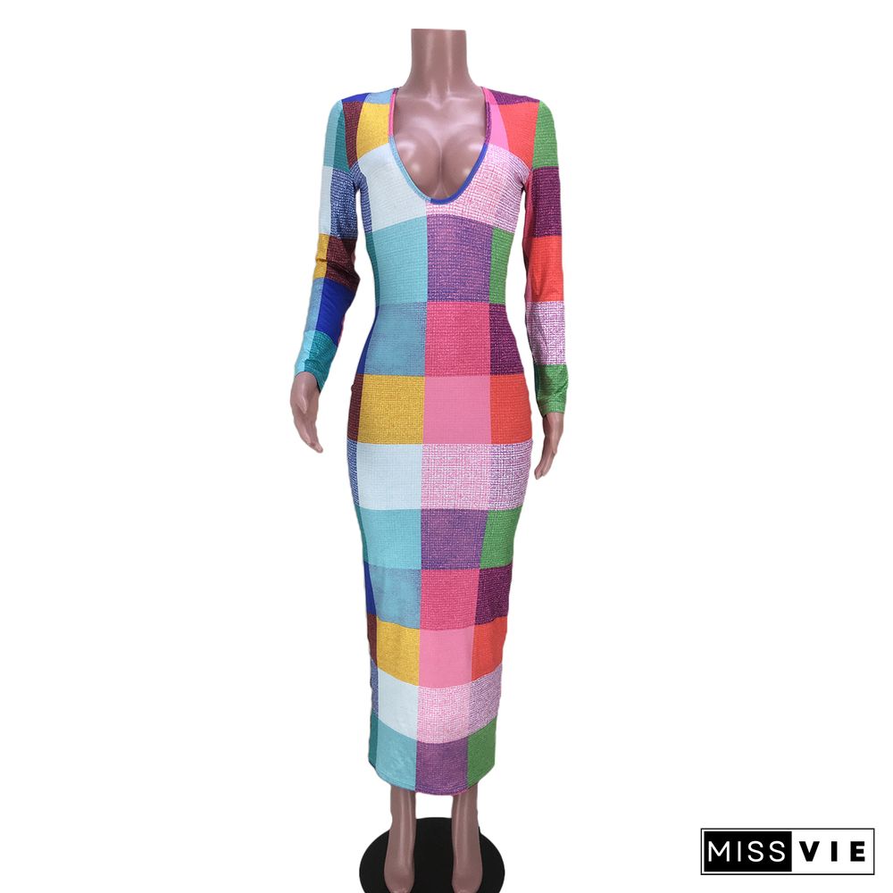 Colorful Plaid Printed Long Sleeve Bodycon Dresses