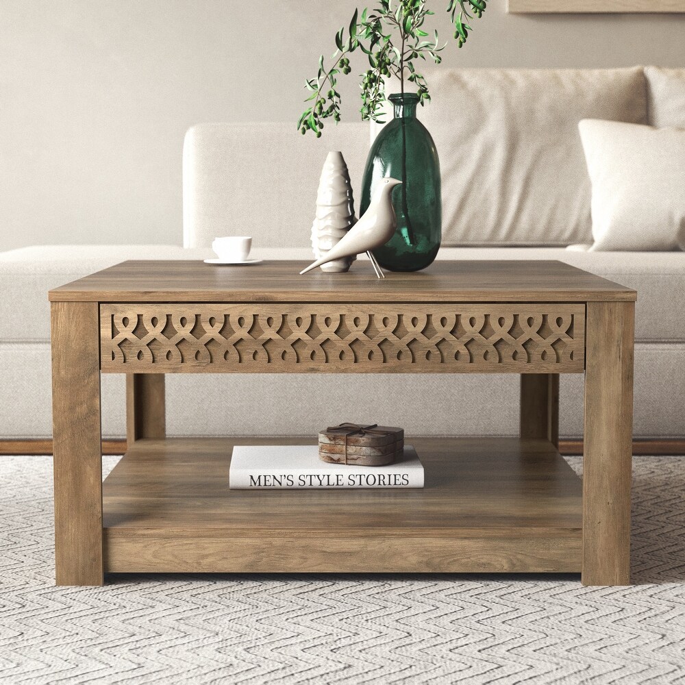 GALANO Japtur 31.5 in. Wood Top Square Laser Cut Coffee Table