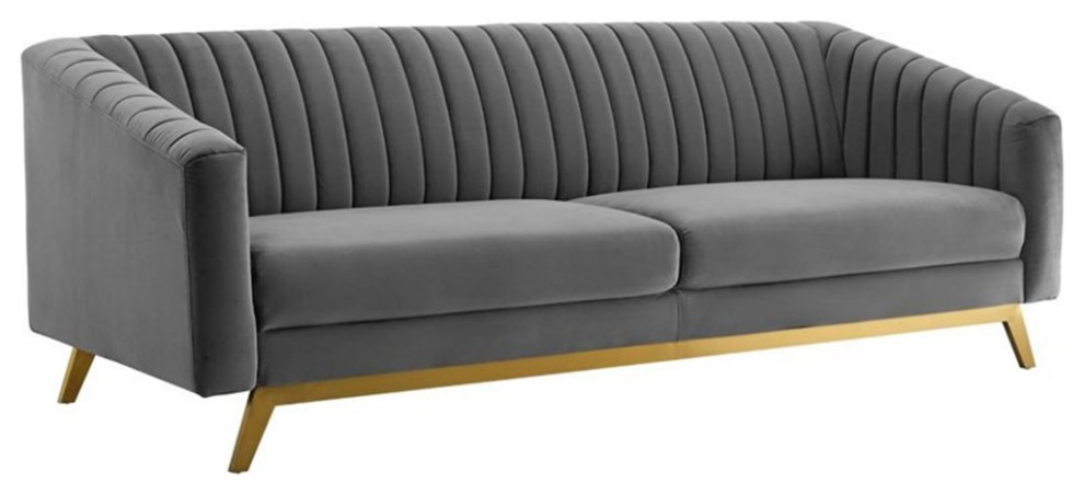 Modway Valiant Vertical Channel Tufted Performance Velvet Sofa in Gray   Midcentury   Sofas   by Homesquare  Houzz