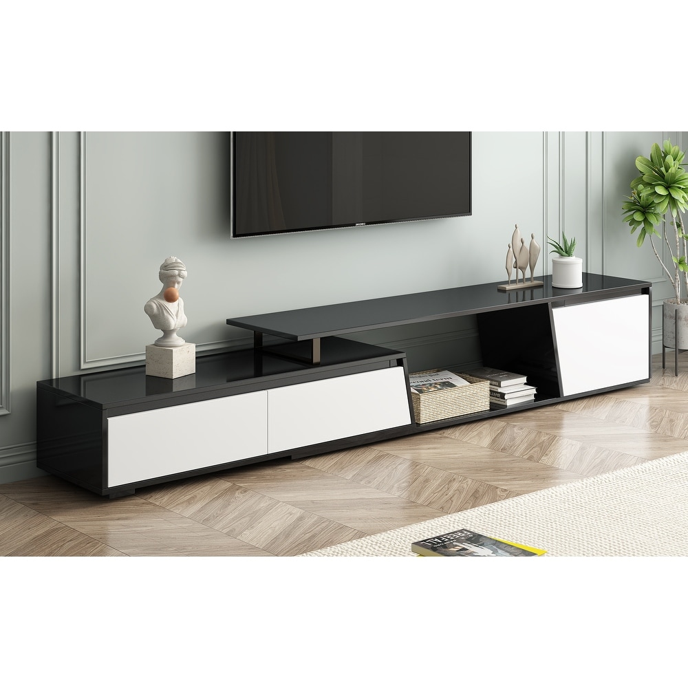 Minimalist Retractable Extendable TV Stand  Wood Media Entertainment Center for Livingroom  Storage Console Cabinet with Drawers