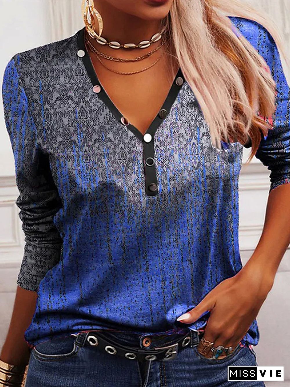 Women's V Neck Long Sleeve Floral Printed Top T-Shirt