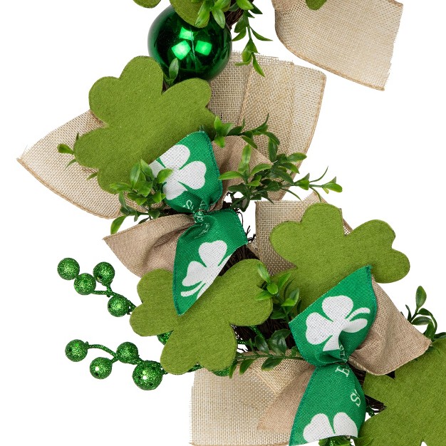 Northlight Burlap Bows And Shamrocks St Patrick x27 s Day Wreath 24 inch Unlit