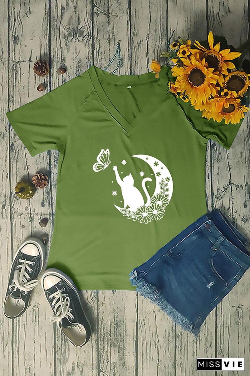 Floral Cat V Neck Graphic Tee