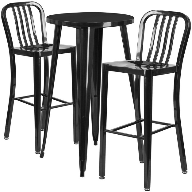 Round Metal Indoor outdoor Bar Table Set amp 2 Slat Back Stools