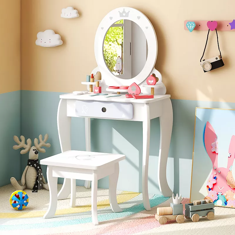 Kids 2-in-1 Princess Makeup Table And Chair Set With Removable Mirror-white