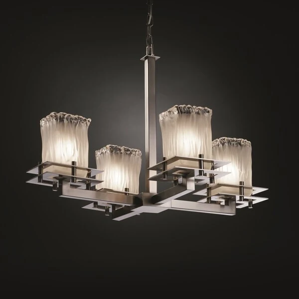 Justice Design Veneto Luce Metropolis 4-light Brushed Nickel Chandelier, White Frosted Square - Rippled Rim Shade