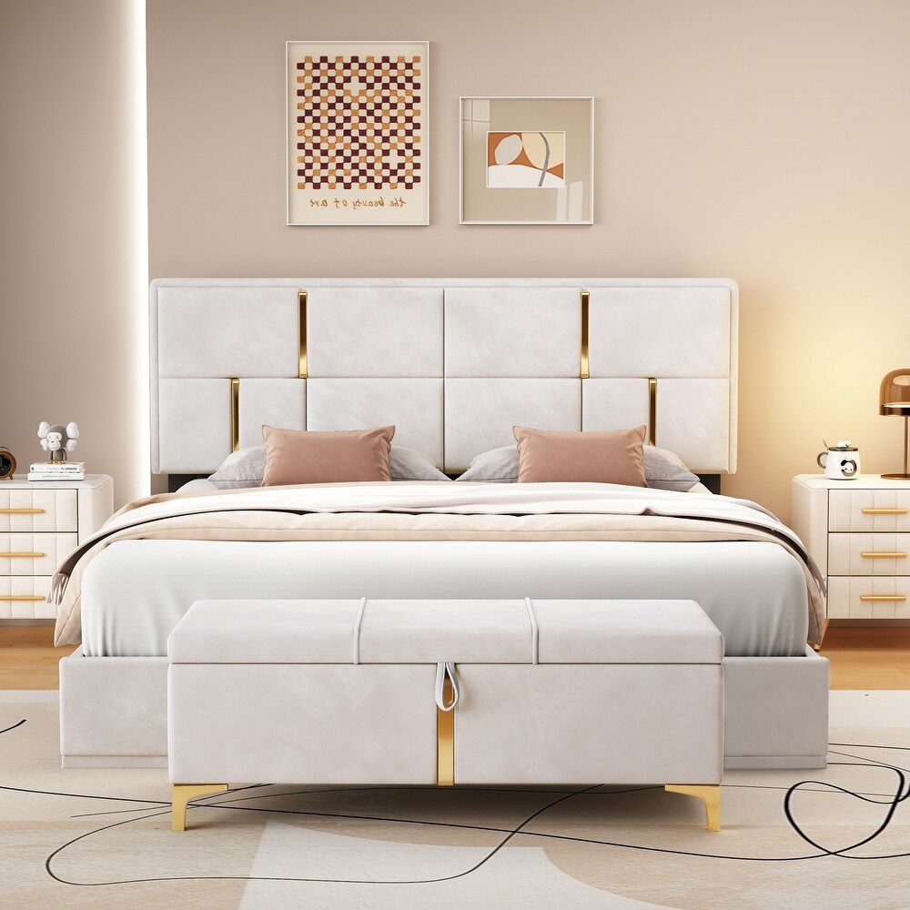 2 Pieces Bedroom Sets  Queen Size Upholstered Platform Bed