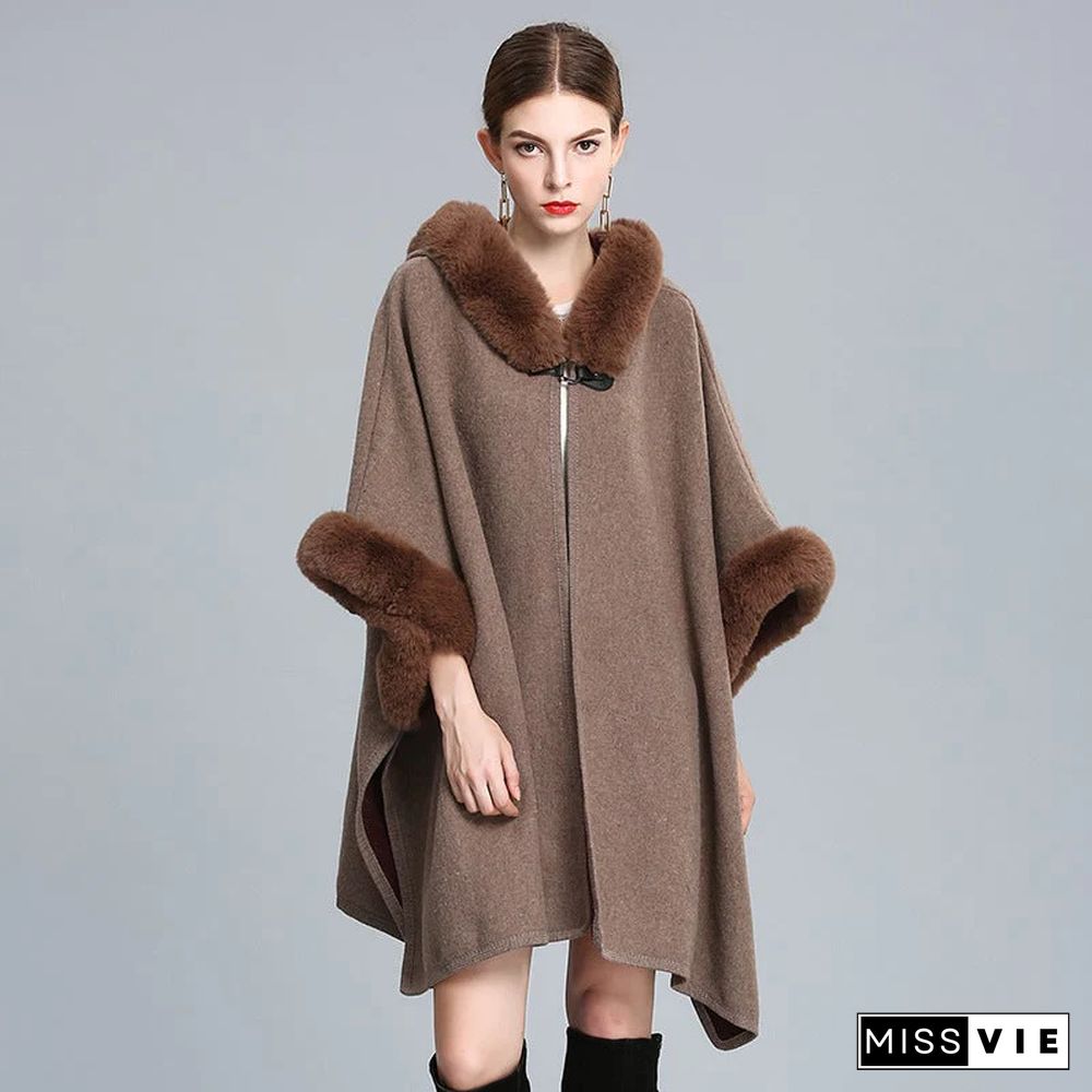 Autumn and Winter Fur Collar Hooded Shawl Cloak Large Size Woolen Coat Loose Cardigan Women