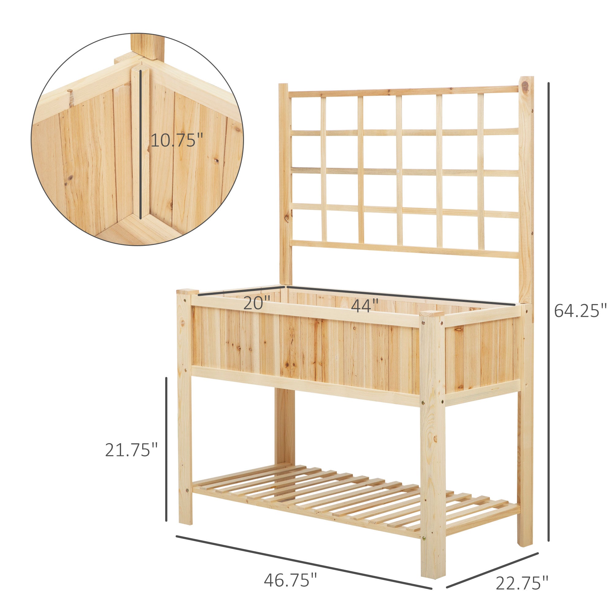 Outsunny 47" x 23" x 64" Wooden Raised Garden Planter Bed with Rear Grid Wall