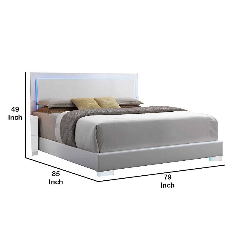 Leatherette Eastern King Bed with LED Panel Headboard and Chrome Legs，White