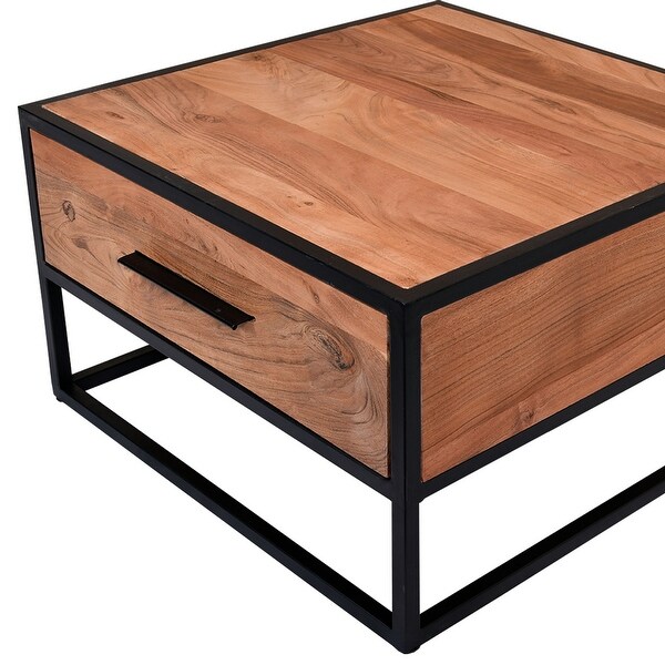 26 Inch Handcrafted Acacia Wood Accent Side End Table， Metal Frame， 1 Drawer， Black and Brown