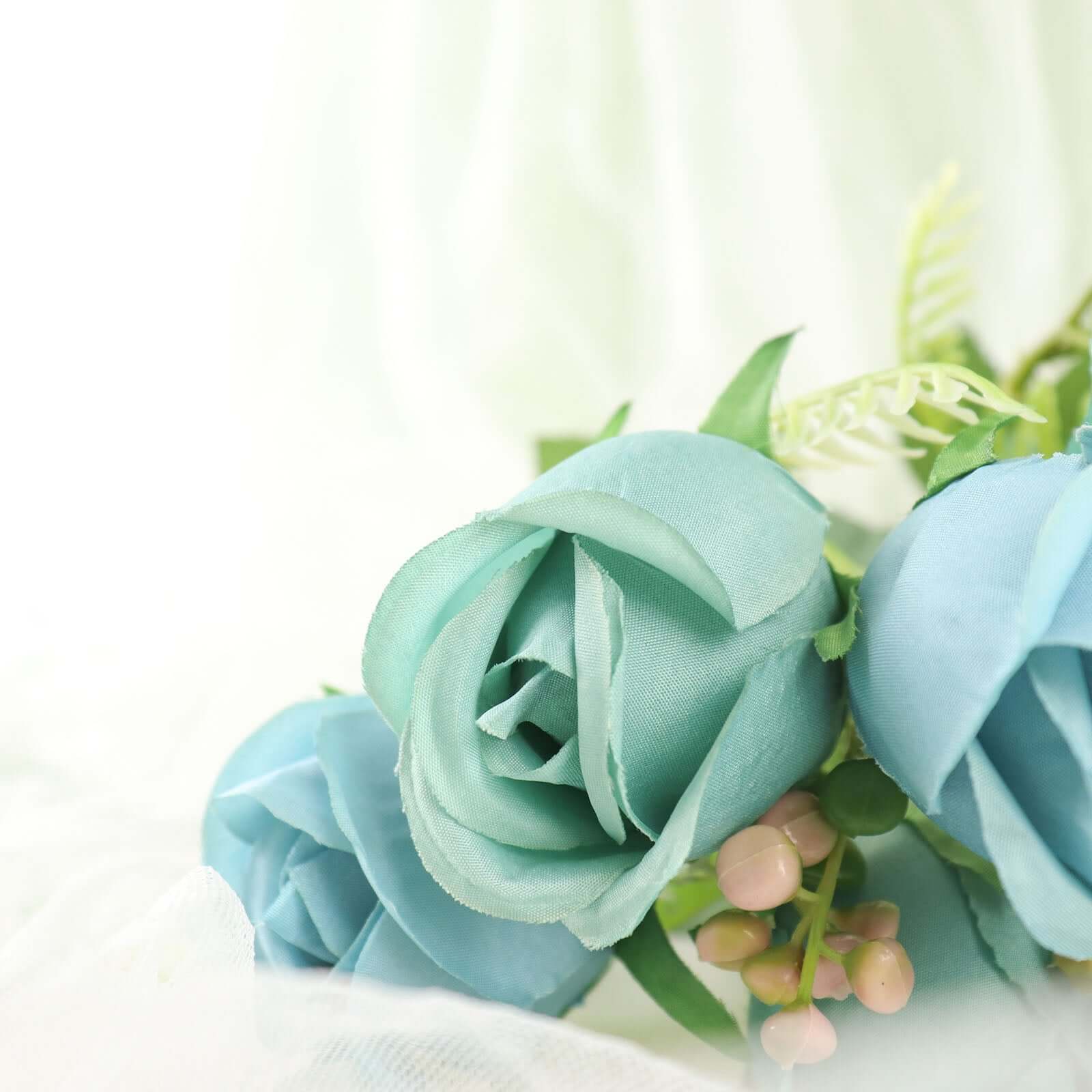 3 Pack Dusty Blue Real Touch Artificial Rose Bud Flower Bridal Bouquets, Silk Floral Bush Arrangements 13