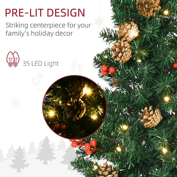 Prelit 4Piece Holiday Christmas Set: 2 Entrance Trees，Garland and Wreath with Warm White LED Lights